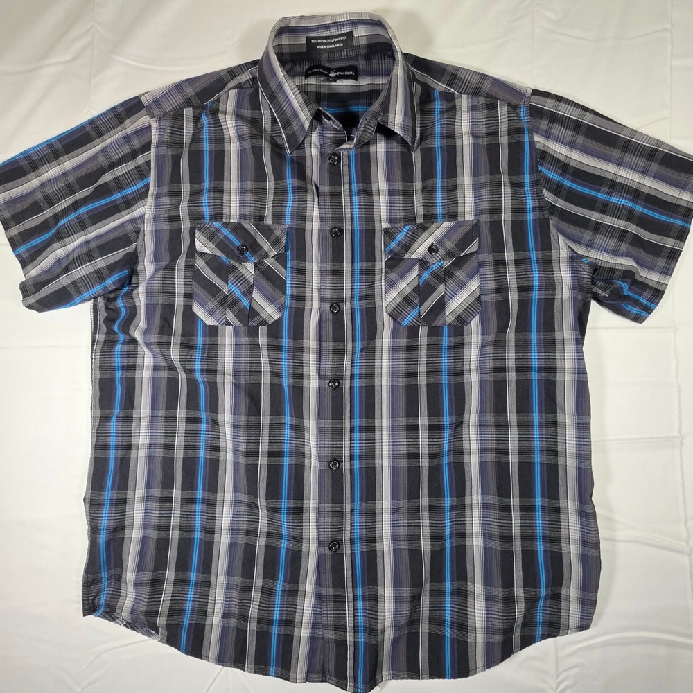 Beverly Hills Polo Club Mens XL Short Sleeve Plaid Button Down Shirt Black Blue